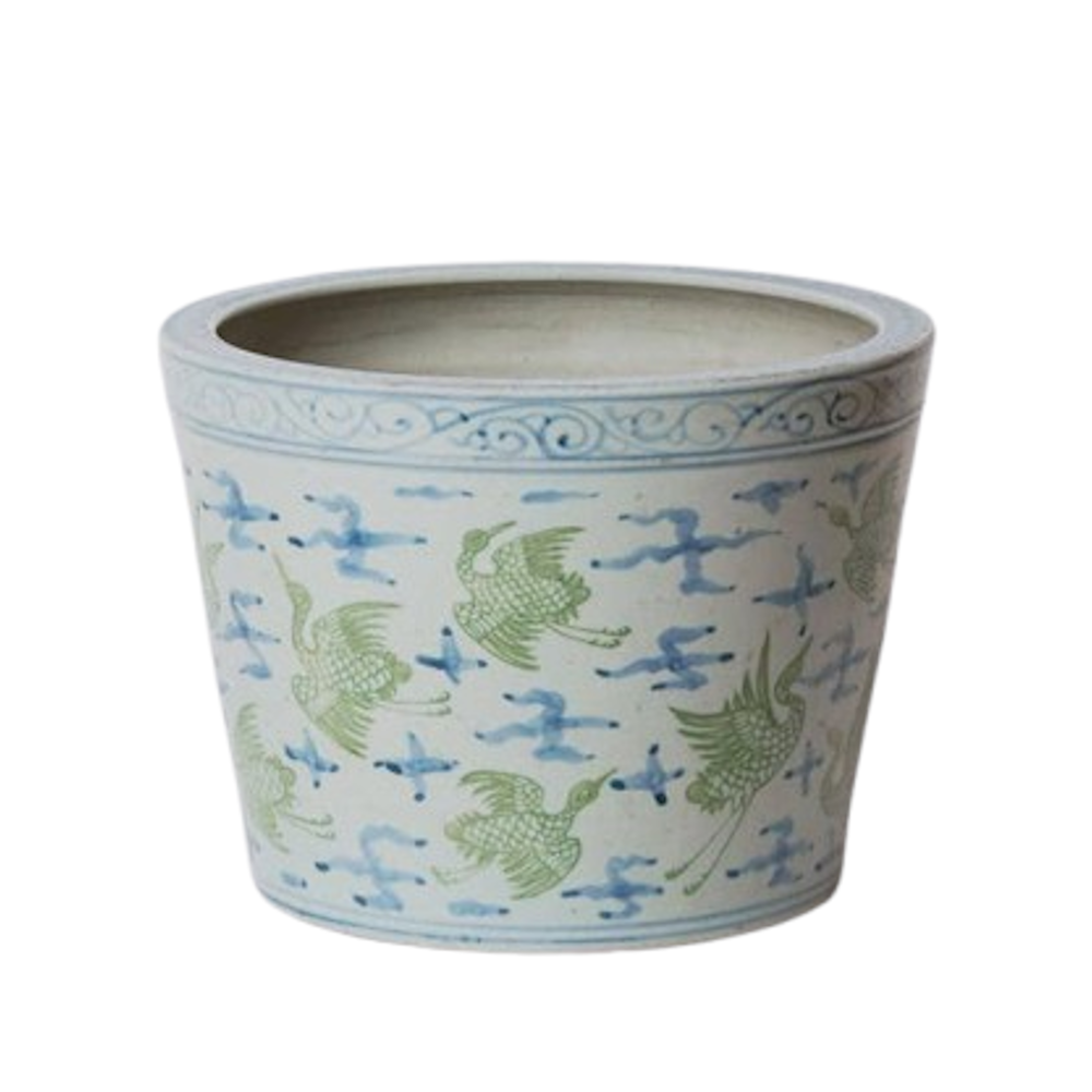 Green and Blue Cranes and Clouds Porcelain Planter