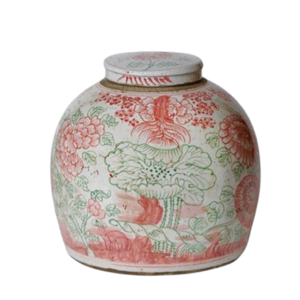 Pink and Green Porcelain Rustic Four Seasons Lidded Jar